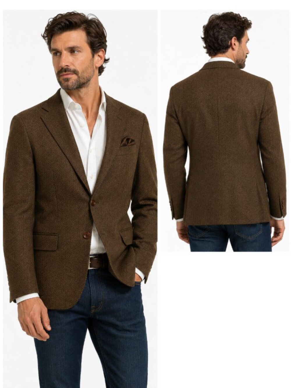 Isaia Brown Wool Cashmere Sport Coat Herringbone 48R Blazer Italy